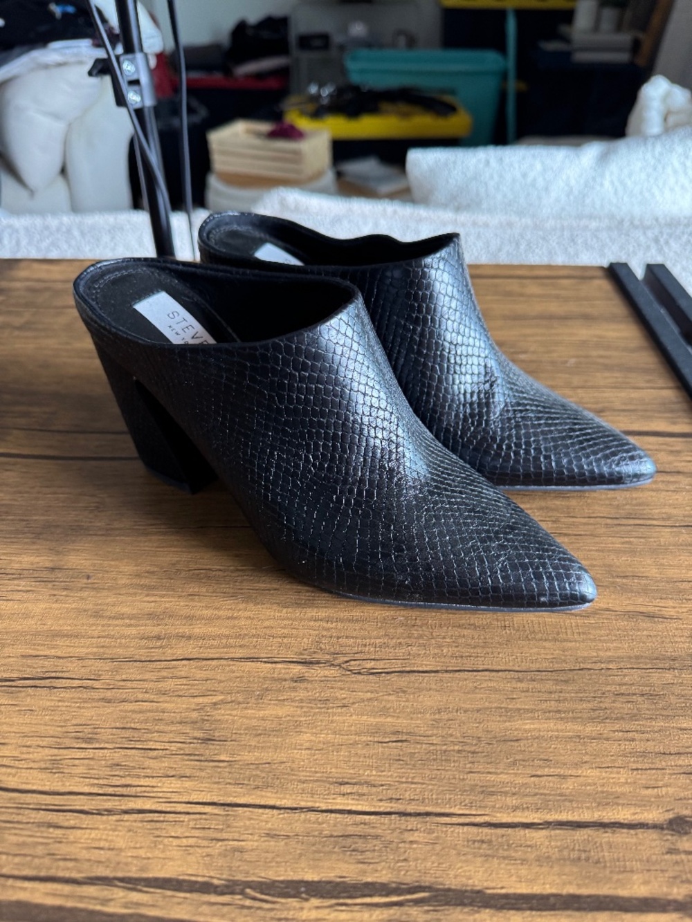Steven New York Snakeskin Embossed Leather Mules Block Heels